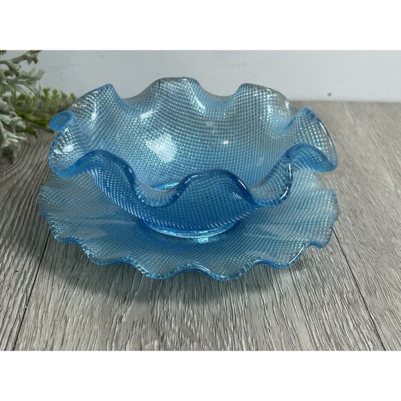 Vintage Blue Ruffled Edge Waffle Bowl & Saucer Colony Glass? - Picture 1 of 10